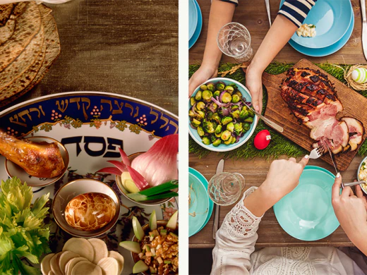 A spilt image showing a Seder plate for Passover on one side and an Easter breakfast with ham and colored eggs on the other side.