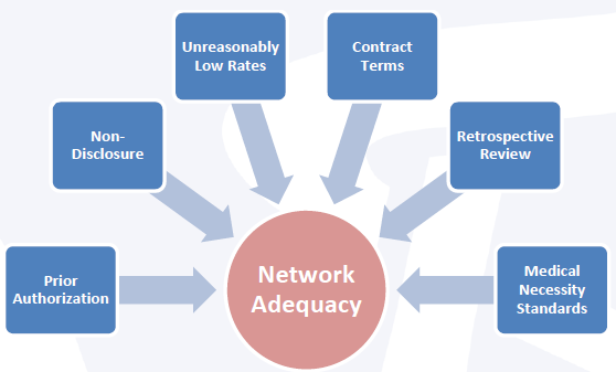 Prior authorization, non-disclosure, unreasonably low rates, contract terms, retrospective review, and medical necessity standards all contribute to network adequacy