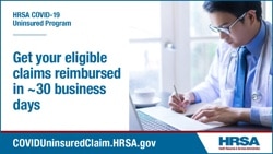 Social media graphic of physician sitting at computer; post says ‘Get your eligible claims reimbursed in ~30 business days’