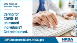 Social media image of keyboard with physician typing; post says ‘Caring for COVID-19 uninsured individuals? Get reimbursed’