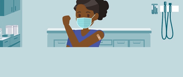 Illustration of a person in a doctors office setting, wearing a mask and showing arm with a bandaid