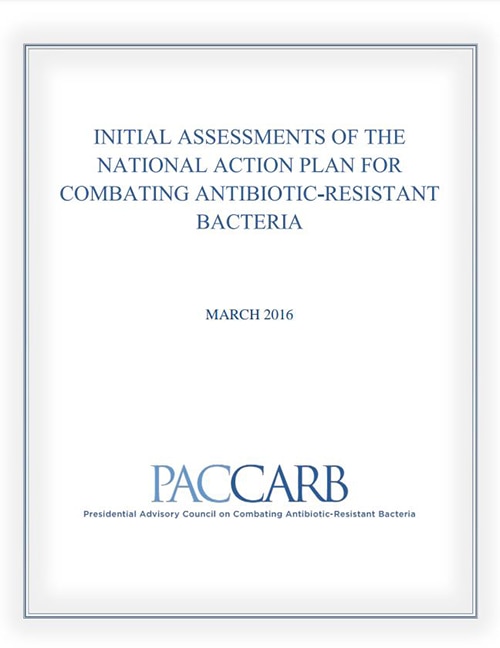 Screenshot of the first page of the P A C C A R B Report “Initial Assessment of the National Action Plan for Combating Antibiotic-Resistant Bacteria.”