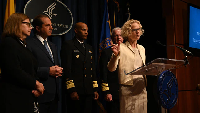 National Institute on Drug Abuse Director Nora Volkow speaks at a press conference at HHS