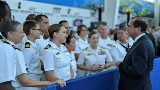 Secretary Alex Azar speaks with U.S. Public Health Service Commissioned Corps officers at an event launching the USNS Comfort mission to Latin America