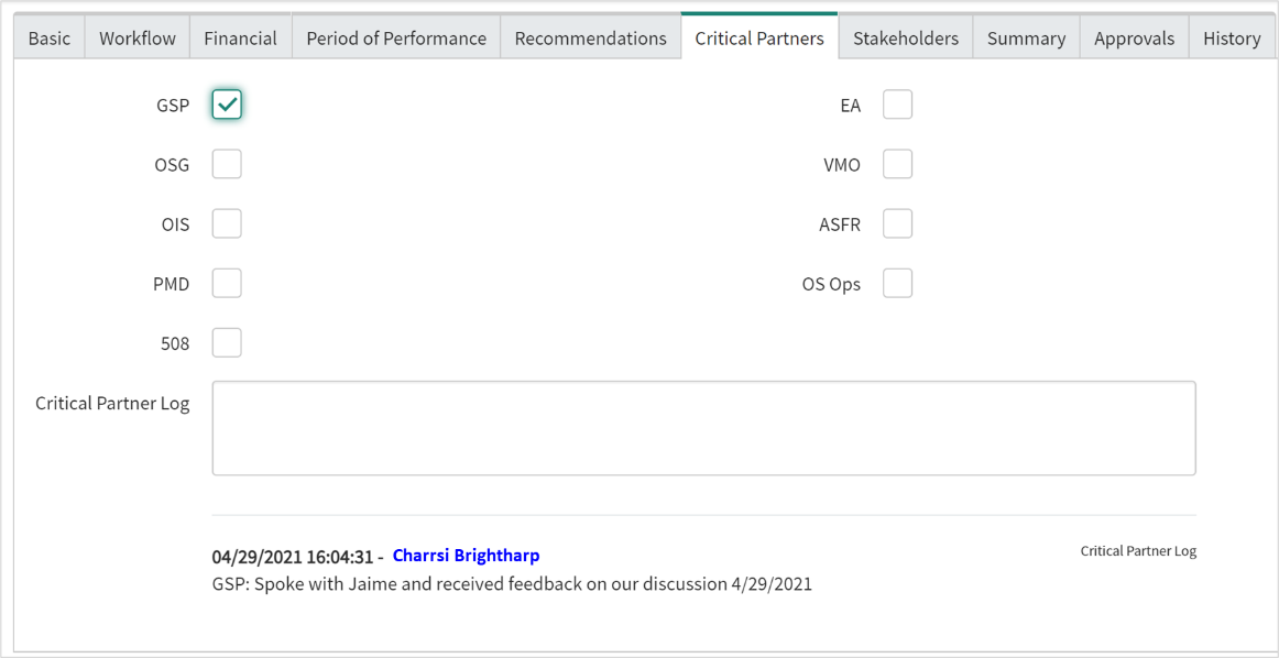 Figure 14: Critical Partner Engagement Log