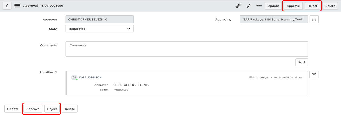 Figure 20: ITAR Approval Form with Comment Section