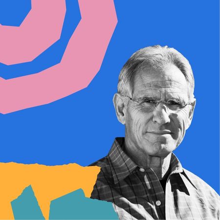 Headshot of Jon Kabat-Zinn in front of abstract colorful shapes