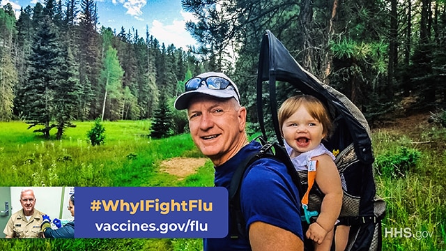 Pictures of Admiral Giroir with his granddaughter and getting a flu shot. He's inviting people to share #WhyIFightFlu