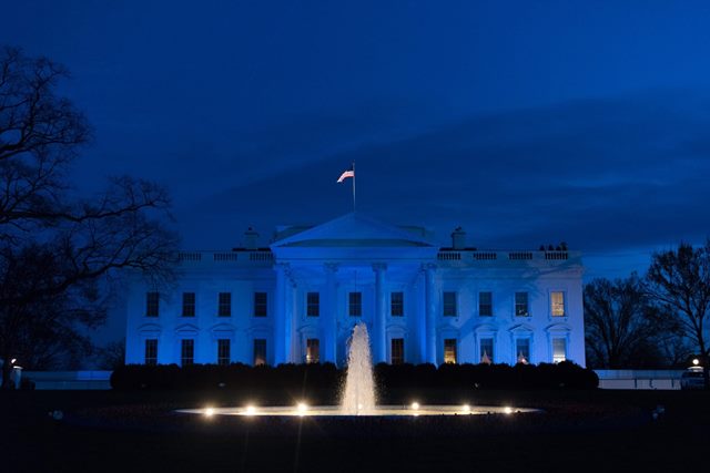 The White House is lit in blue in honor of World Autism Awareness Day in Washington D.C., Sunday, April 2, 2017 (Official White House photo by D. Myles Cullen).