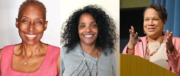 three portraits of smiling women of color, the rightmost person speaking at a podium