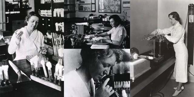 Four women scientists in black and white photos who are featured in this blog. Courtesy of the Office of NIH History and Stetten Museum, National Institutes of Health.
