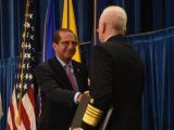 Secretary Azar greets Adm. Brett P. Giroir, M.D. at the inaugural meeting of the  The Pain Management Best Practices Inter-Agency Task Force.