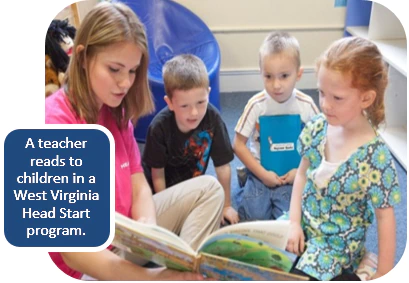 A teacher reading to children in a West Virginia Head Start program