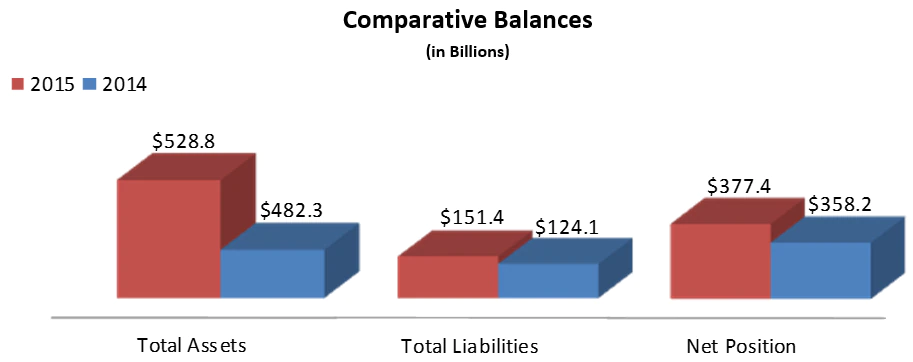 Total Assets 2015: $528.8, 2014: $482.3, Total Liabilities 2015: $151.4, 2014: $124.1, Net Position 2015: $377.4, 2014: $358.2