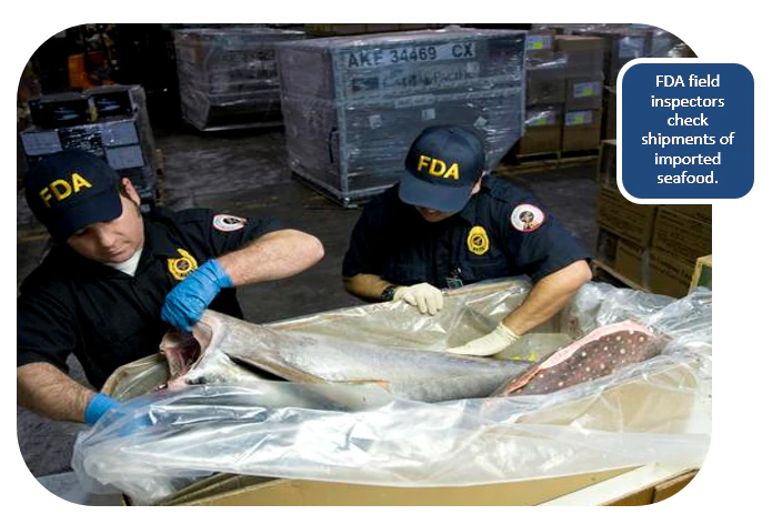 FDA field inspectors check shipments of imported seafood.