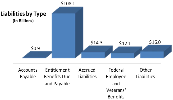 Accounts Payable: $0.9, Entitlement Benefits Due and Payable: $108.1, Accrued Liabilities: $14.3, Federal Employee and Veterans' Benefits: $12.1, Other Liabilities: $16.0