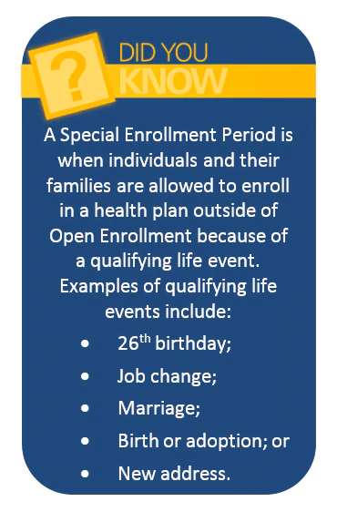 A Special Enrollment Period is when individuals and their families are allowed to enroll in a health plan outside of Open Enrollment because of a qualifying life event.  Examples of qualifying life events include:• 26th birthday;• Job change;• Marriage;• Birth or adoption; or• New address.