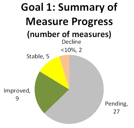Goal 1: Summary of Measure Progress (number of measures)  - Improved-9, Stable-5, Decline less than 10%-3, Pending-27.