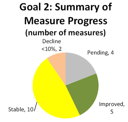 Goal 2: Summary of Measure Progress (number of measures)  - Improved-5, Stable-10, Decline less than10%-2, Pending-4.