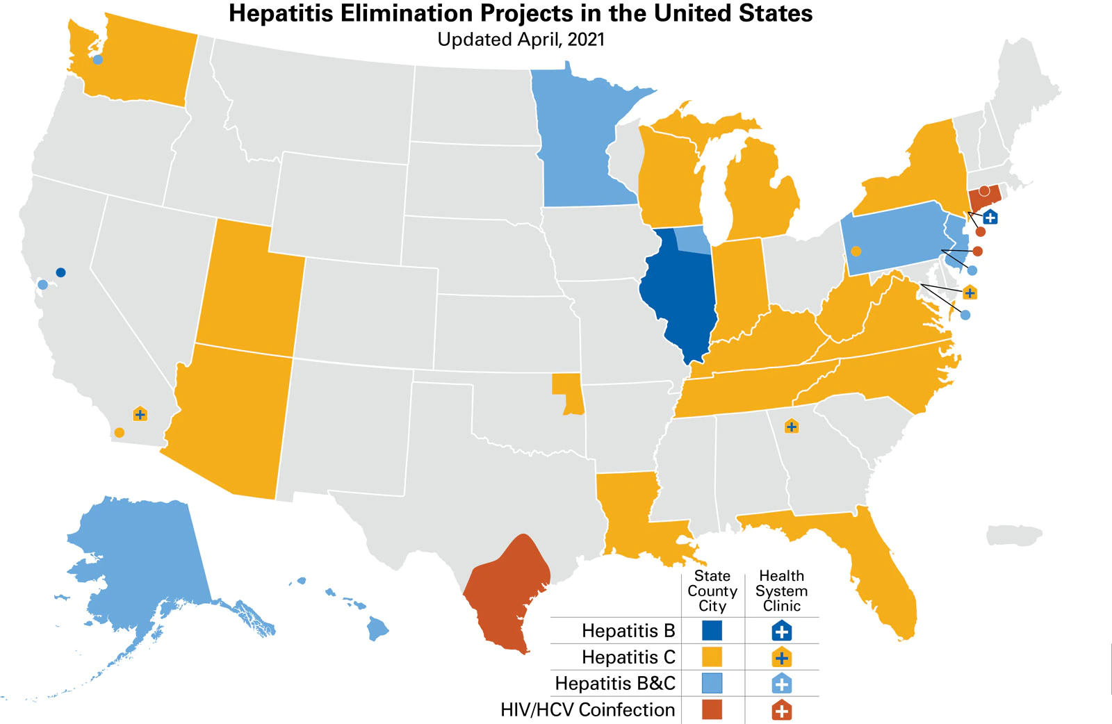 Hepatitis Elimination Projects in the United States. Updated March 2020. Details of map are provided on this page.