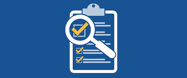 Blue graphic with a magnifying glass over piece of paper with a checklist on a clipboard