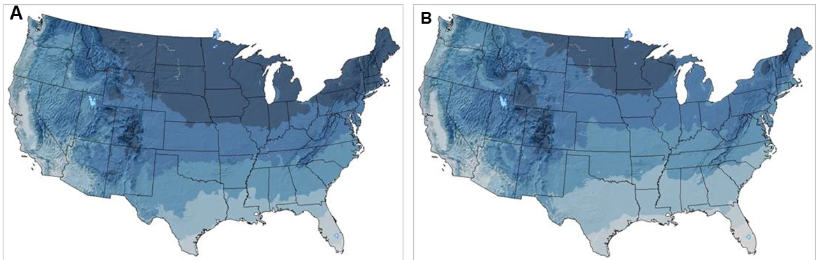 Two maps of the United States comparing average minimum January temperatures in 1970 (A) and 2016 (B).  Map A shows larger dark-blue area and smaller blue-green and gray areas than Map B.
