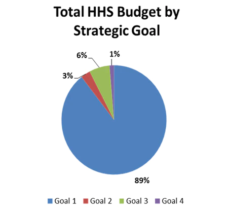 Total HHS Budget by Strategic Goal: Goal 1 - 89%, Goal 2 - 3%, Goal 3 - 6%, Goal 4 - 1%