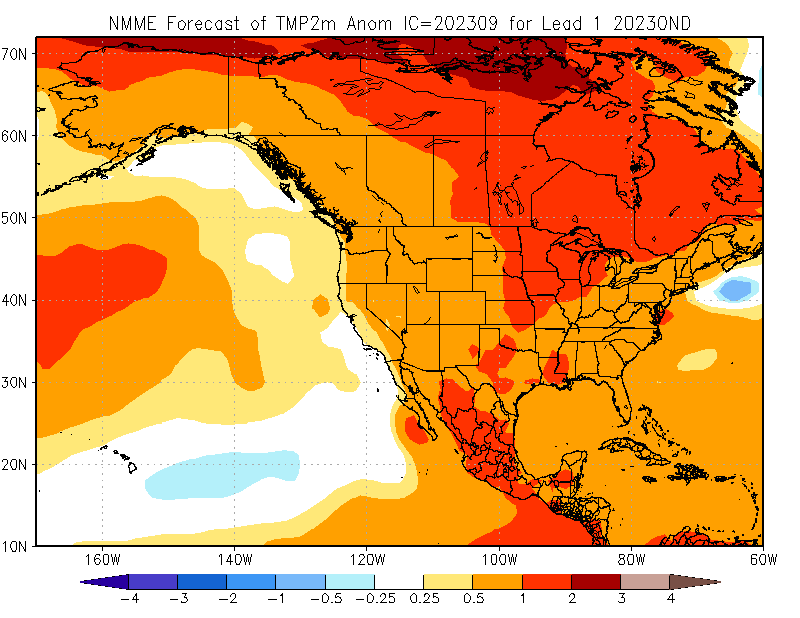 The North American Multi-Model Ensemble’s (NMME) forecast for temperature in October-December 2023 compared to climatological average (from 1991-2020) based on combining forecast information from state-of-the-art computer climate models currently running in the U.S. and Canada, including from the National Aeronautics and Space Administration (NASA), two groups from the National Oceanic and Atmospheric Administration (NOAA), and from the National Center for Atmospheric Research (NCAR).