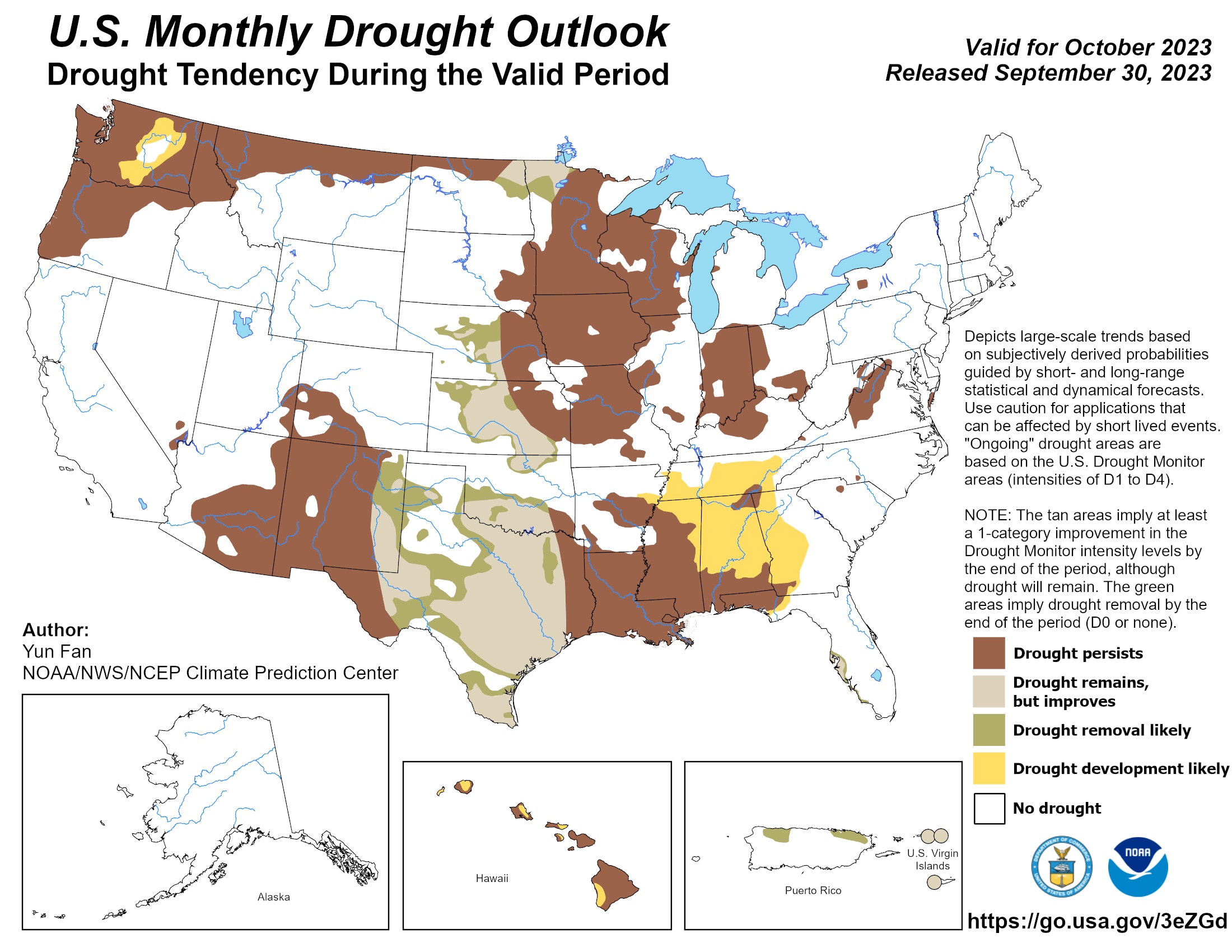 The National Weather Service Climate Prediction Center's Monthly Drought Outlook is issued at the end of each calendar month and is valid for the upcoming month. The outlook predicts whether drought will persist, develop, improve, or be removed over the next 30 days or so. 