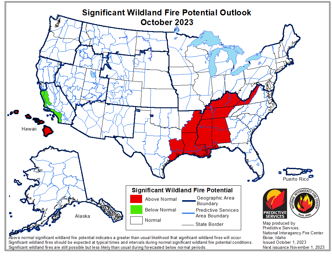 The National Significant Wildland Fire Potential Outlook identifies areas with above, below, and near normal significant fire potential using the most recent weather, climate, and fuels data available. These outlooks are designed to inform decision makers for proactive wildland fire management.