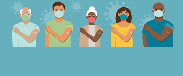 Illustration of a group of five diverse individuals wearing masks, and showing they are vaccinated.
