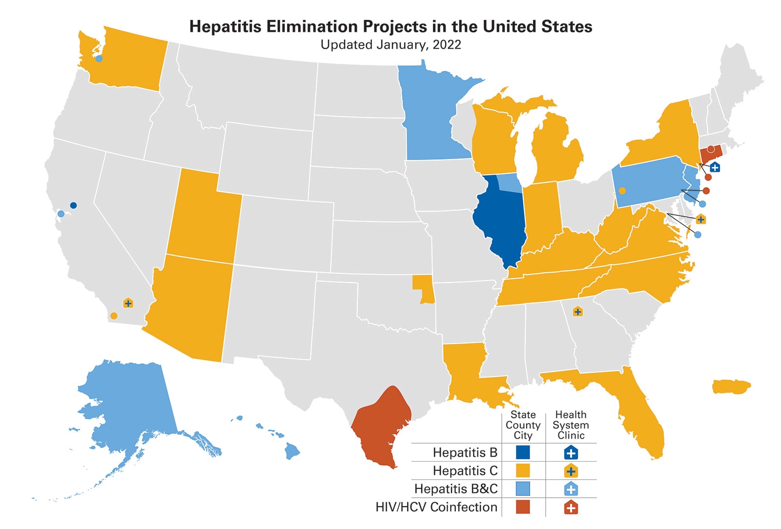 Hepatitis Elimination Projects in the United States. Updated January 2022. Details of map are provided on this page.
