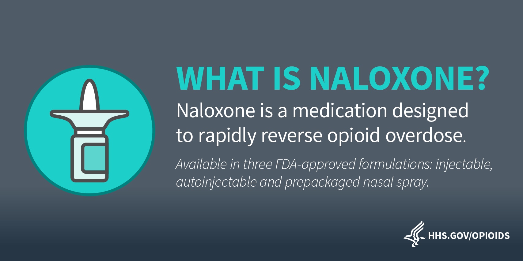 Pictogram. What is Naloxone? Naloxone is a medication designed to rapidly reverse opioid overdose. Available in three FDA-approved formulations: injectable, autoinjectable and prepackaged nasal spray.