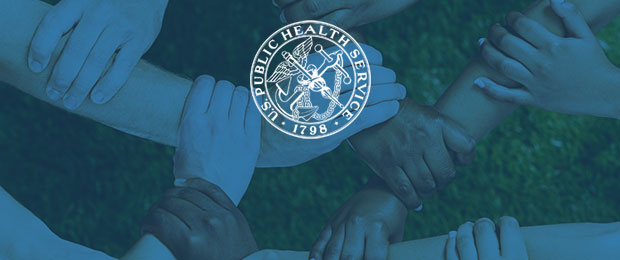 There is a bluish-green overlay of an image of arms and hands holding each other, which is the image from the cover of the report. The U.S. Public Health Service logo is centered in white.