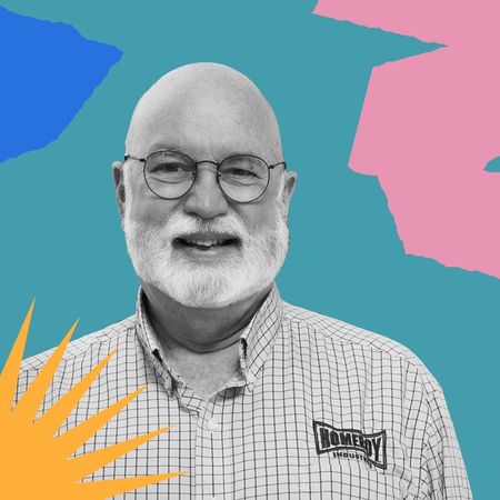 Headshot of Father Greg Boyle in front of abstract colorful shapes