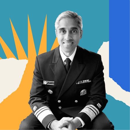 Headshot of Dr. Vivek Murthy in front of abstract colorful shapes