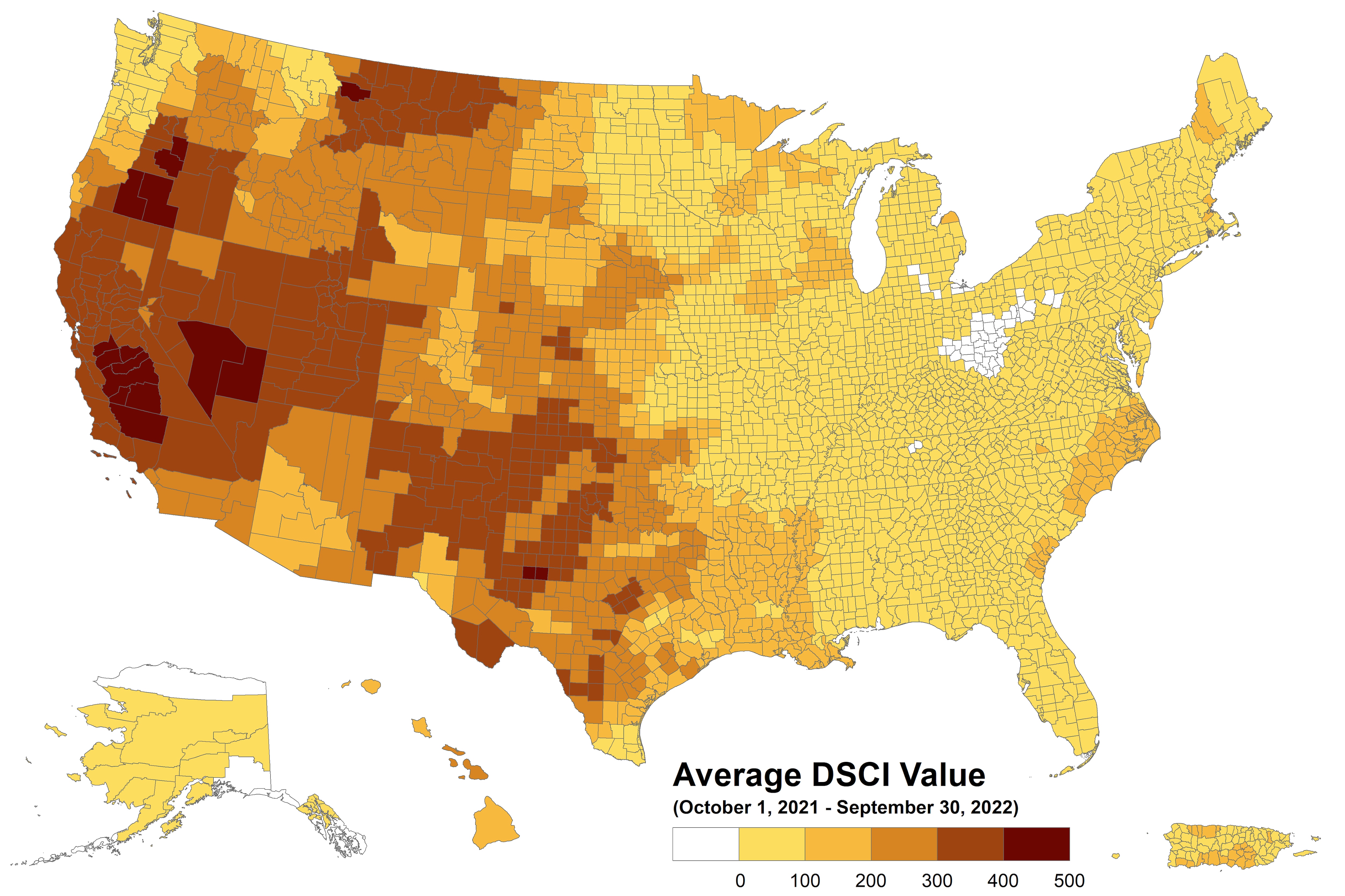 This map shows the Drought Severity and Coverage Index (DSCI) values for the continuous U.S. from October 1, 2021 - September 30, 2022. 