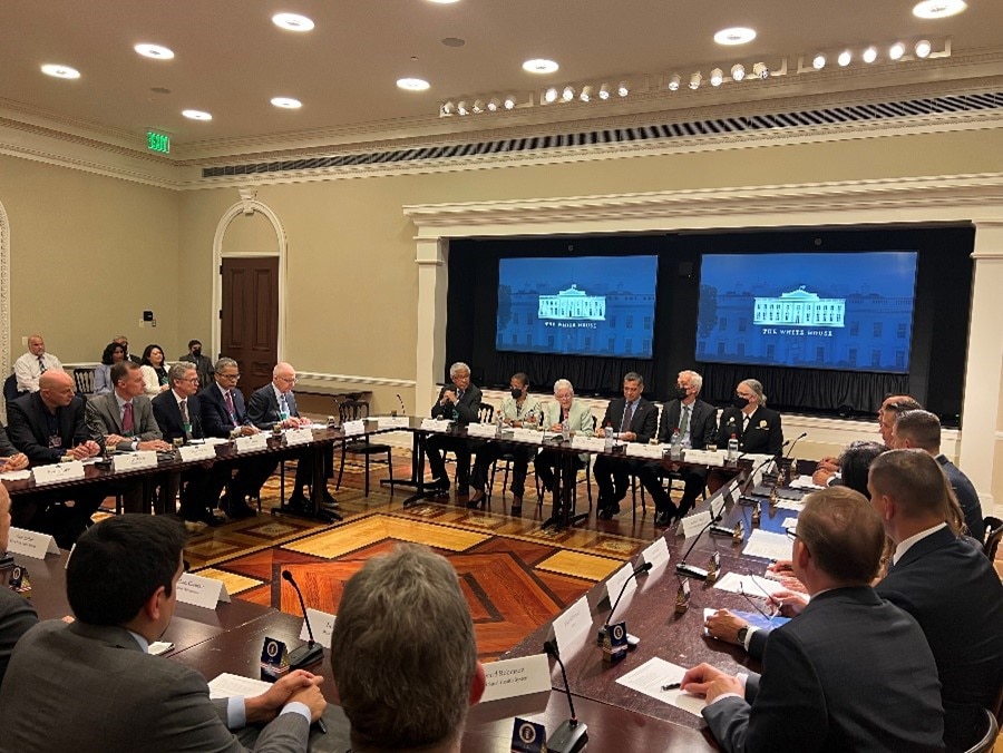 June 30 White House event featuring (from left to right): National Academy of Medicine President Victor Dzau, Ambassador and White House Domestic Policy Advisor Susan Rice, White House National Climate Advisor Gina McCarthy, HHS Secretary Xavier Becerra, Veterans Affairs Secretary Denis McDonough, Assistant Secretary for Health Admiral Rachel Levine, and leaders from across the health sector.