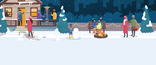 An illustration of a home with a few individuals outdoors in a snowy setting. Individuals are all maintaining distance from each other and wearing masks.