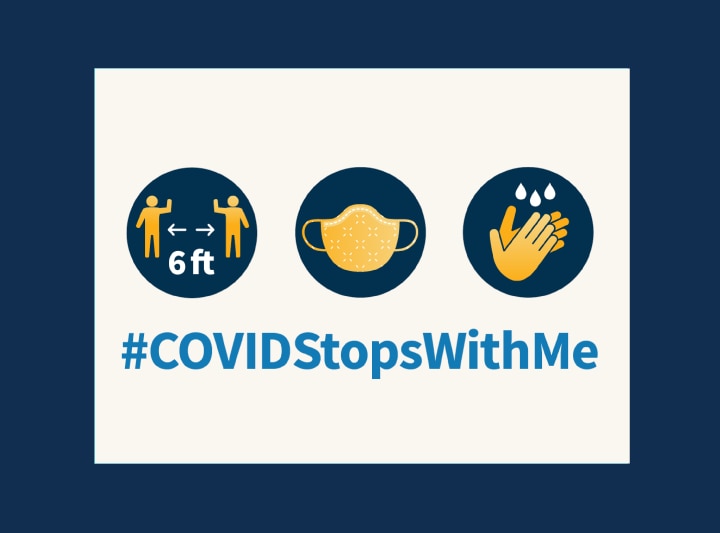 Three icons in a row illustrating two people keeping 6 feet apart, a mask, and hand washing. Under the icons is the hashtag COVID Stops With Me.
