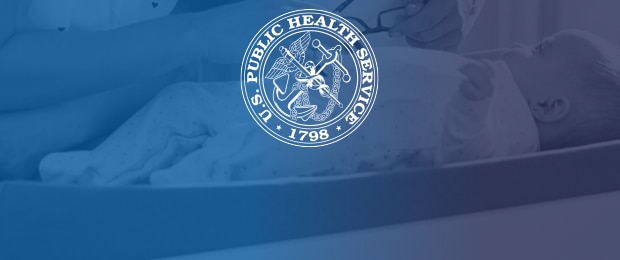 There is a blue gradient overlaid on an image of baby on a changing table. The U.S. Public Health Service logo is centered in white.