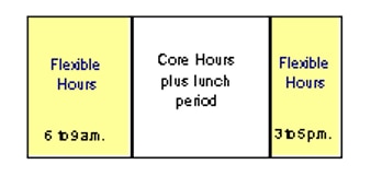 Flexitour Schedule: This graphic shows a flexitour schedule with flexible hours at 6 to 9 a.m. and 3 to 5 p.m., and core hours plus lunch period from 9 a.m. to 3 p.m.