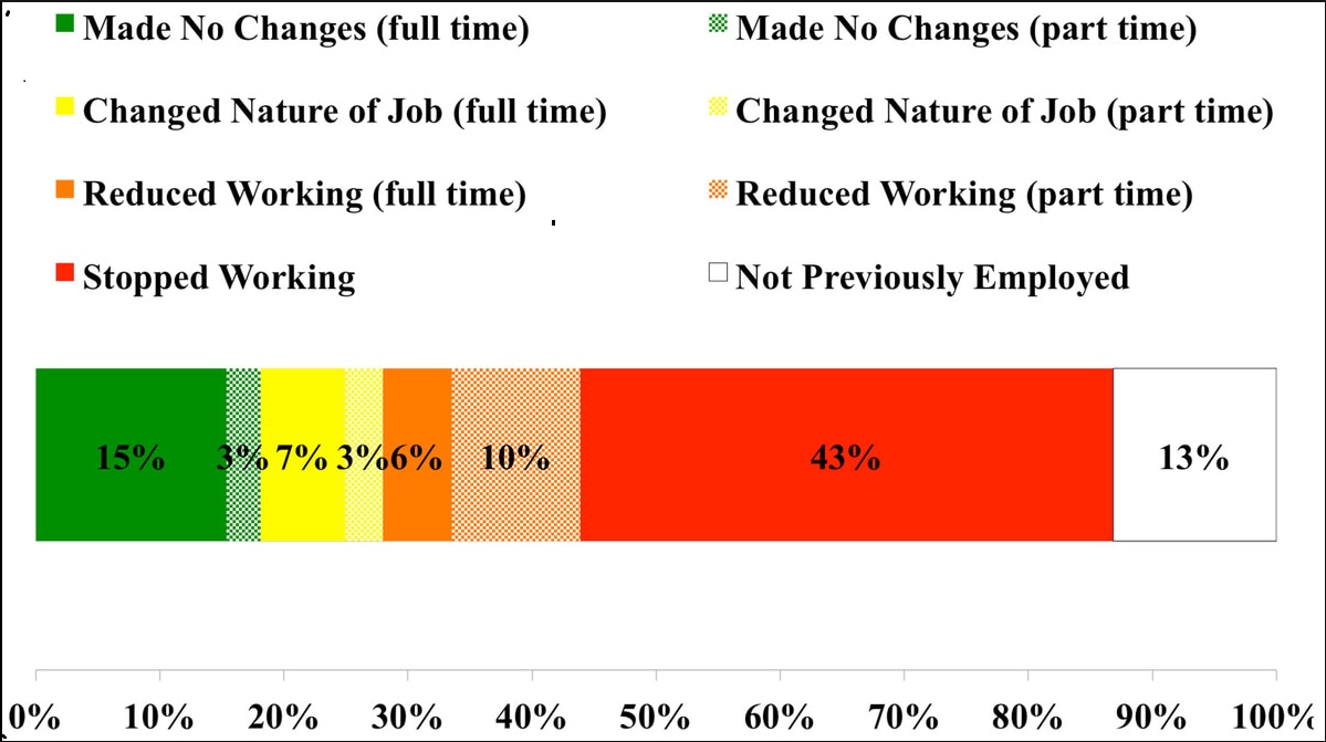 Horizontal bar graph showing majority of patients with ongoing symptoms and signs after antibiotic treatment changed the nature or job, reduced or stopped working. 