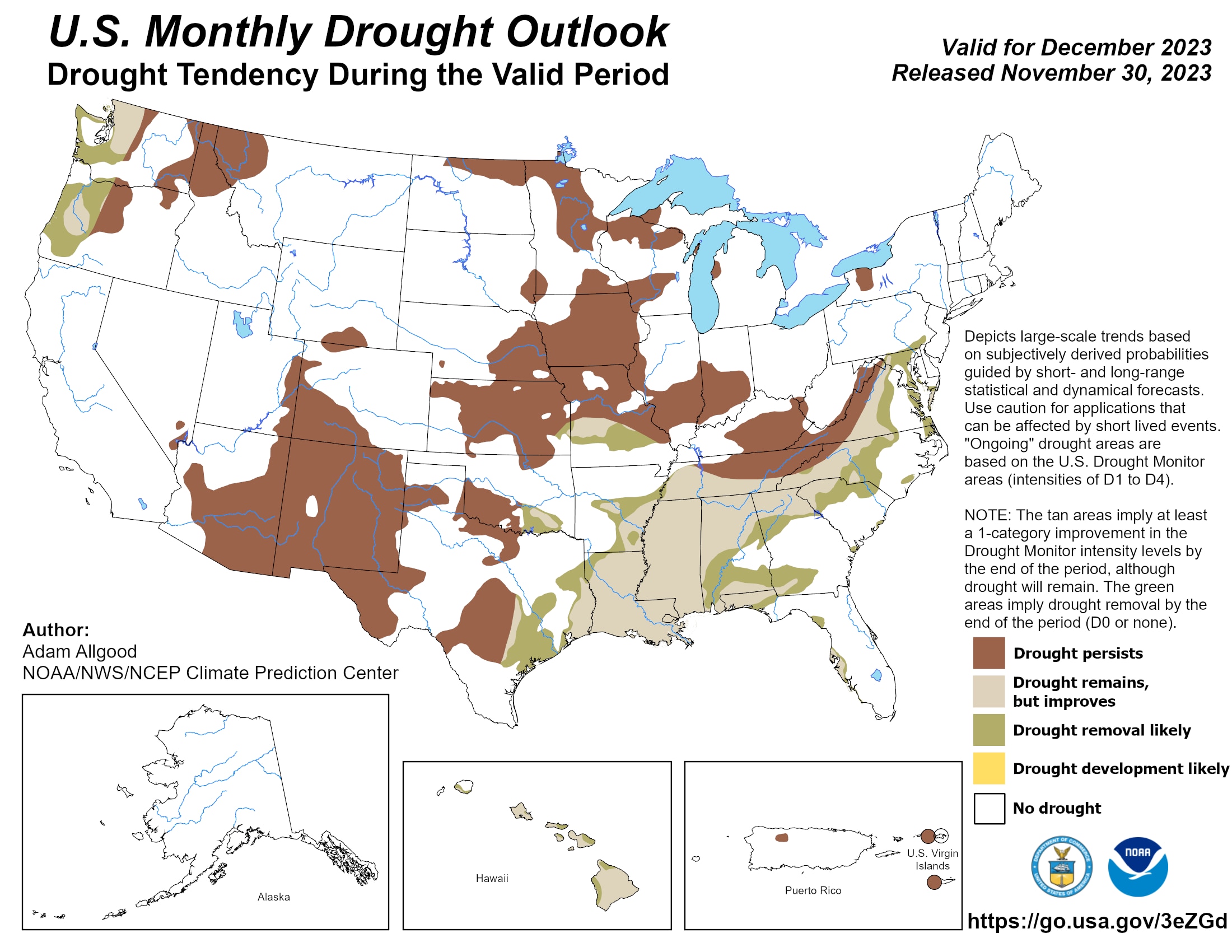 The National Weather Service Climate Prediction Center's Monthly Drought Outlook is issued at the end of each calendar month and is valid for the upcoming month. The outlook predicts whether drought will persist, develop, improve, or be removed over the next 30 days or so.