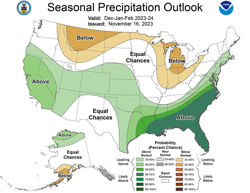 This NOAA Climate Prediction Center winter precipitation forecast shows the most likely outcome where there is greater confidence, but this is not the only possible outcome.