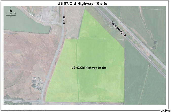Aerial view of the potential US 97/Old Highway 10 site. The potential site lies east of US 97 and west of Old Highway 10.