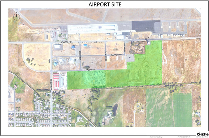 Aerial view of the potential airport site. It is south of Falcon Road between Airport Road and Piper Road, and extends north of Falcon Road east of Piper Road.