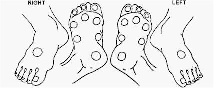 Diagrams of left and right feet with test areas